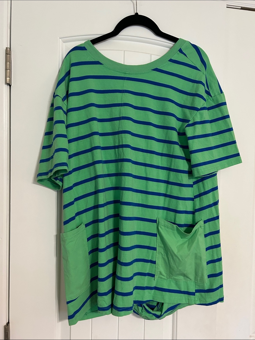 Amazon Green and Blue Striped Short-Sleeve Jumpsuit Romper